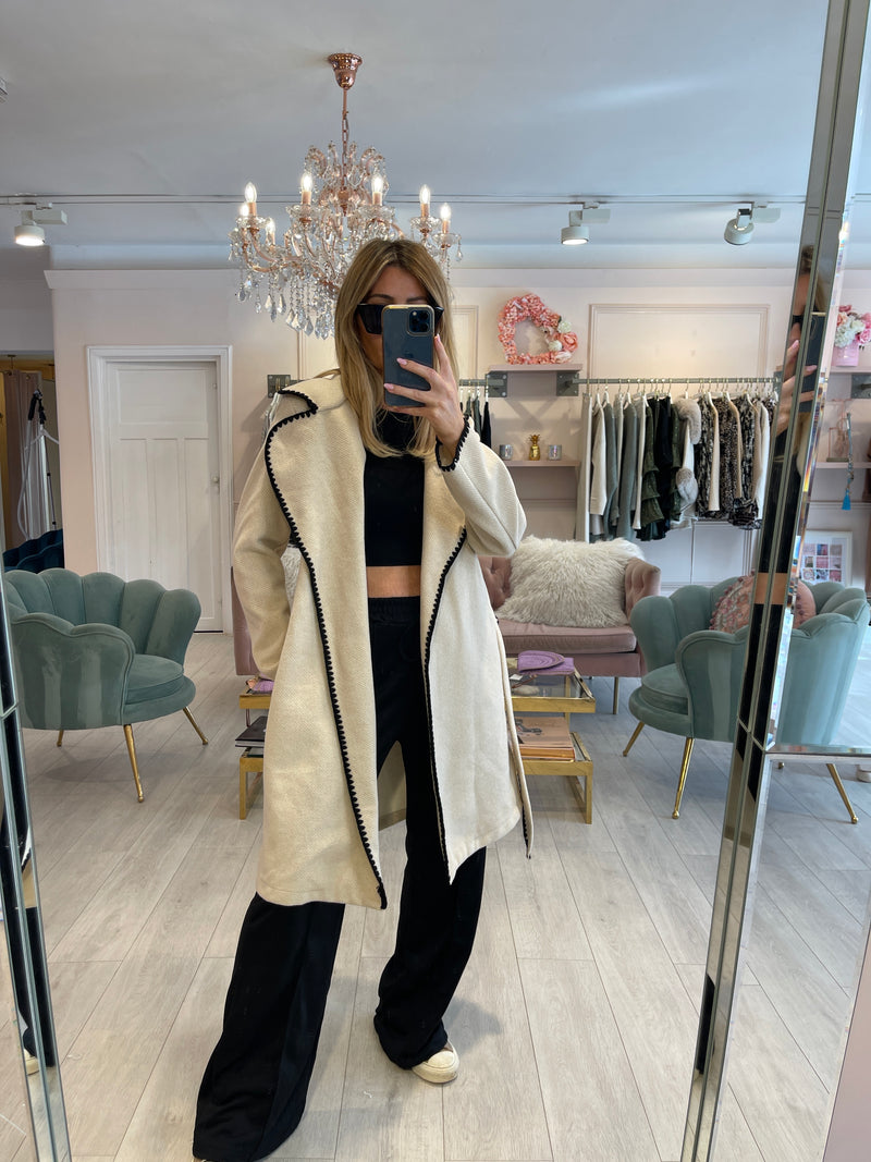 MABEL CONTRAST STITCH WRAP JACKET STONE