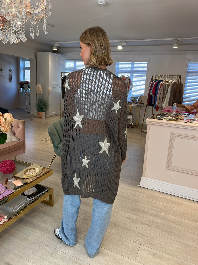 KHAKI OPEN KNIT CARDIGAN WITH GOLD STARS