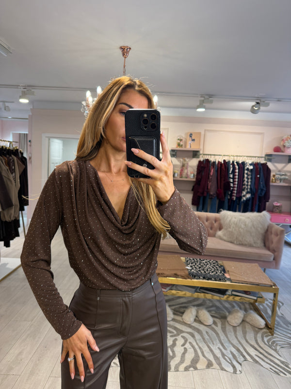 EFFIE CRYSTAL COWL NECK TOP BROWN