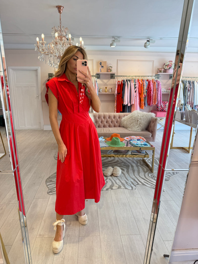MABEL HALF BUTTON MIDI DRESS RED – EBA