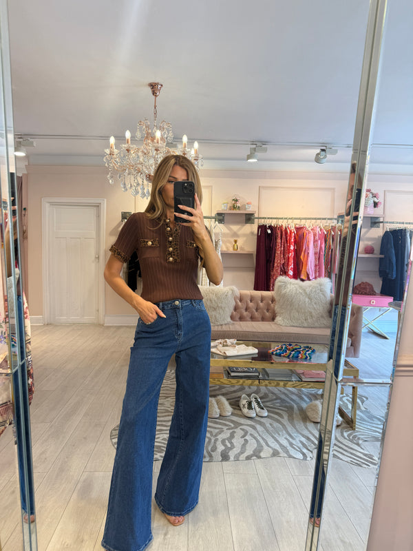 CARLA DENIM TRIM BROWN LEOPARD TOP