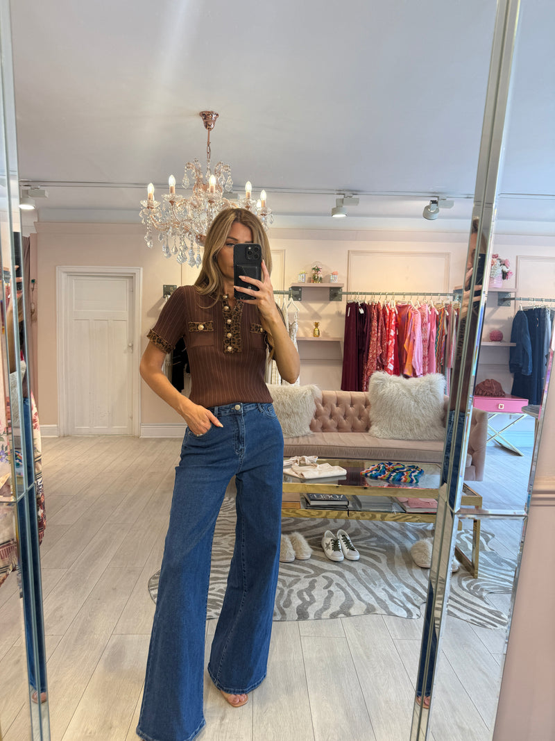 CARLA DENIM TRIM BROWN LEOPARD TOP