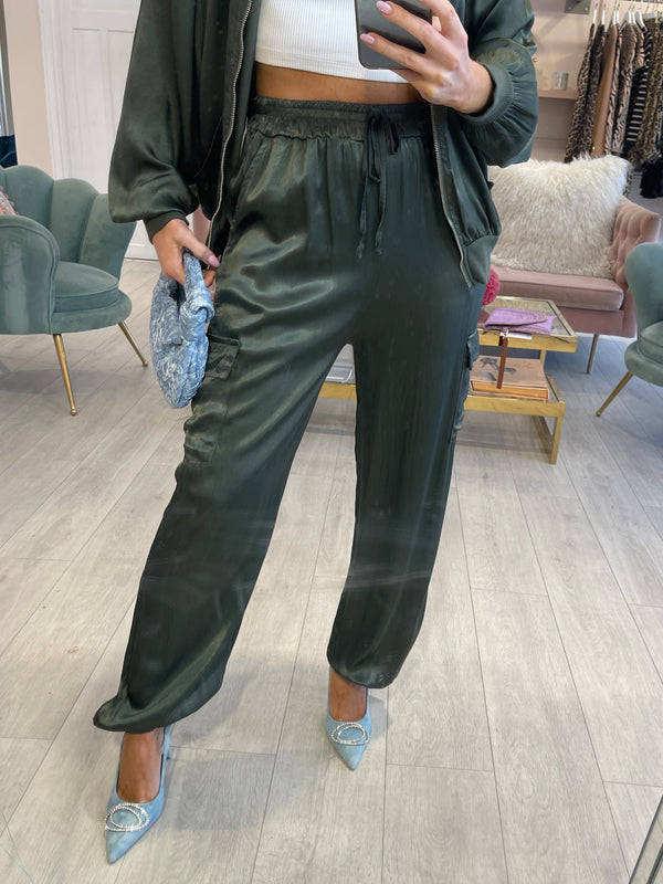 JAZMIN KHAKI CARGO STYLE SATIN TROUSERS