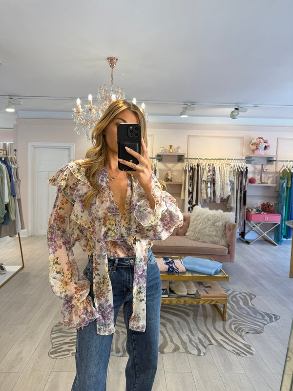 CECILE BROWN/PURPLE PUSSY BOW BLOUSE FLORAL