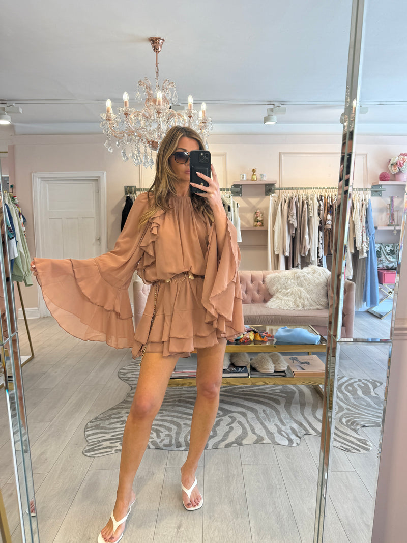 YASMIN RUFFLE SMOCK DRESS DARK TAUPE