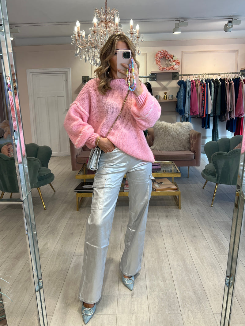 SILVER COATED STRAIGHT CARGO TROUSERS