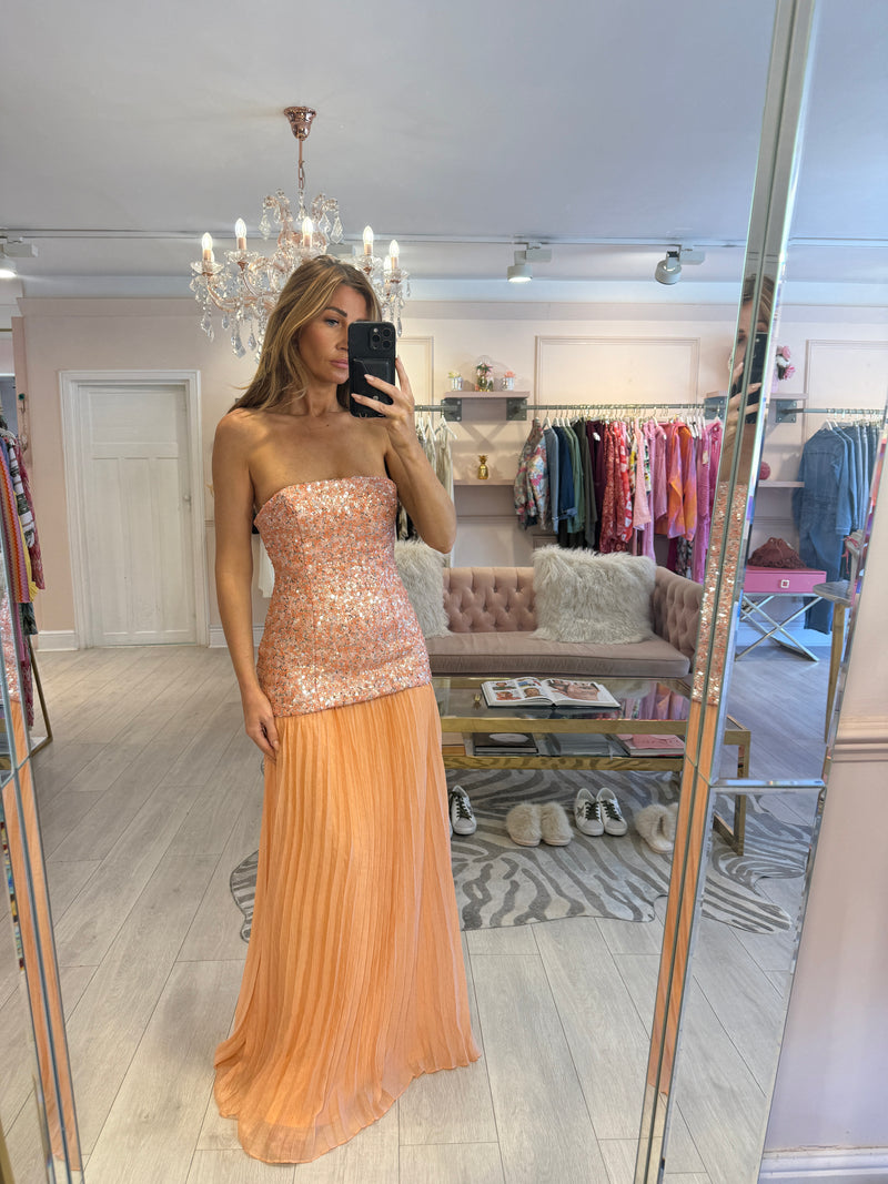 CARRIE SEQUIN CORAL CHIFFON BANDEAU DRESS