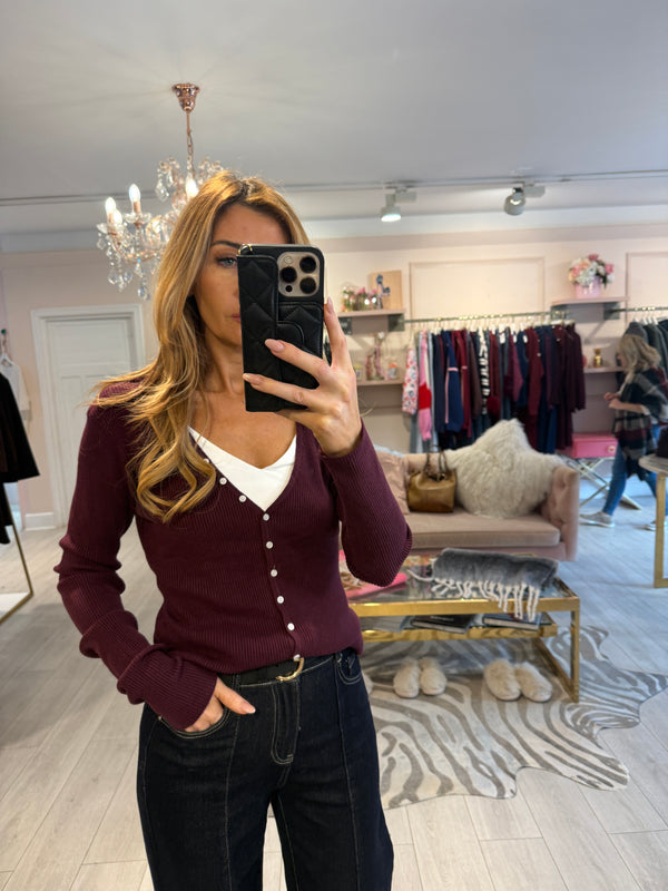 CELIA RIBBED V NECK LONG SLEEVE TOP BURGUNDY