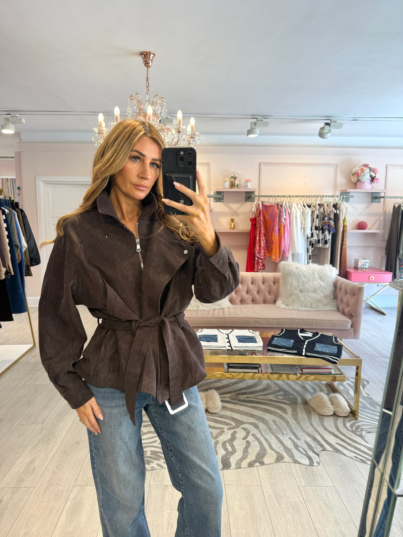 ALESIA FAUX SUEDE BIKER JACKET BROWN
