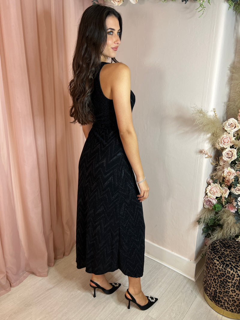 MEGAN ONE SHOULDER BLACK CHEVRON DRESS