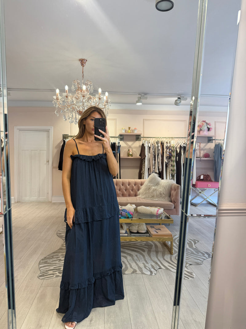ADELINA TIERED CAMI MAXI DRESS NAVY EBA. ADELINA TIERED CAMI MAXI DRESS NAVY EBA.