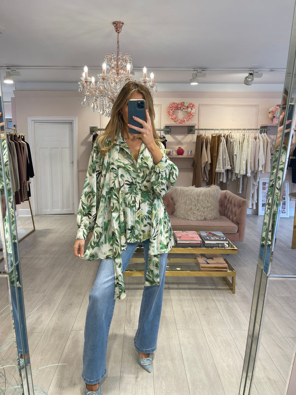 KEIRA PRINTED GREEN PUSSY BOW BLOUSE