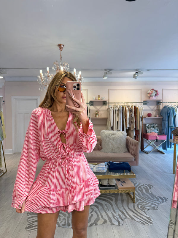 ANDI CHEESECLOTH PINK W/RED STRIPE PLAYSUIT