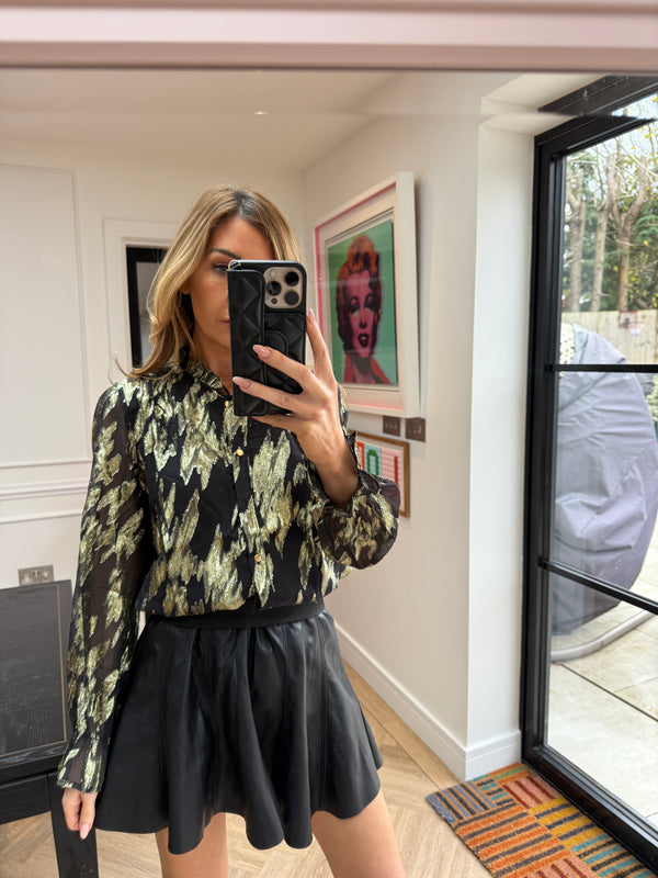 METALLIC FRILL NECK SHIRT BLACK/GOLD