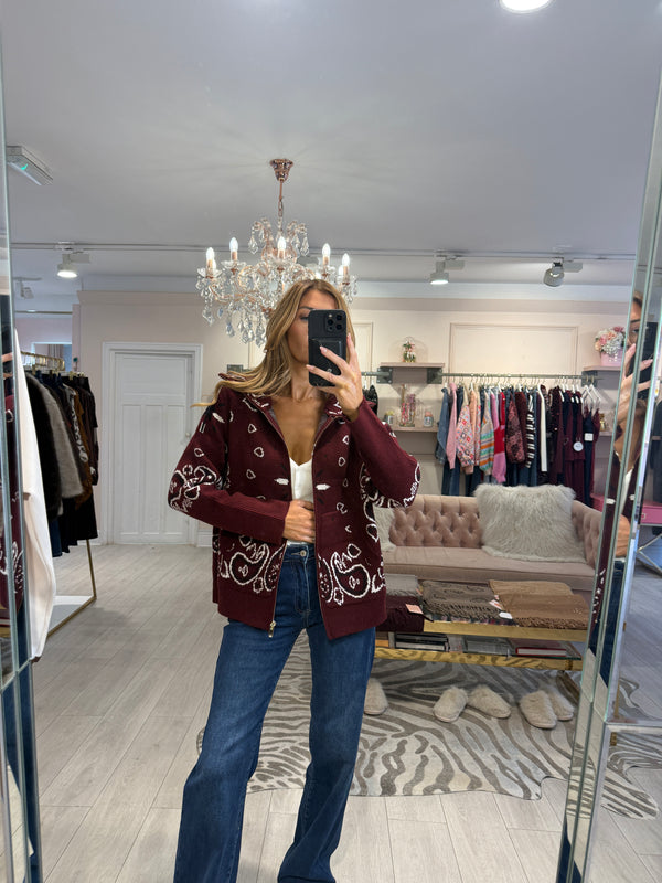 ISLA ZIP THROUGH PATTERNED CARDIGAN BURGUNDY