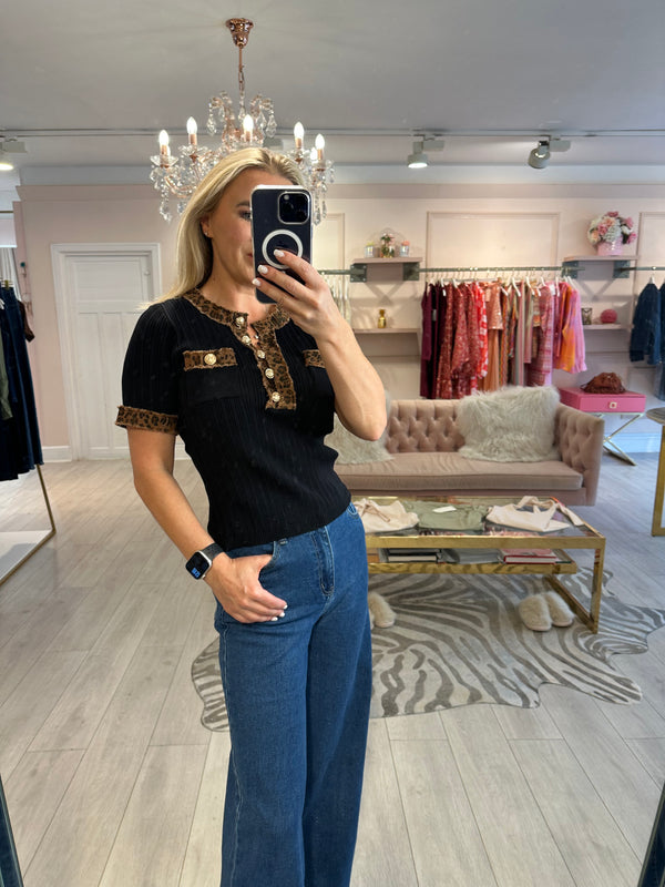 CARLA DENIM TRIM BLACK LEOPARD TOP
