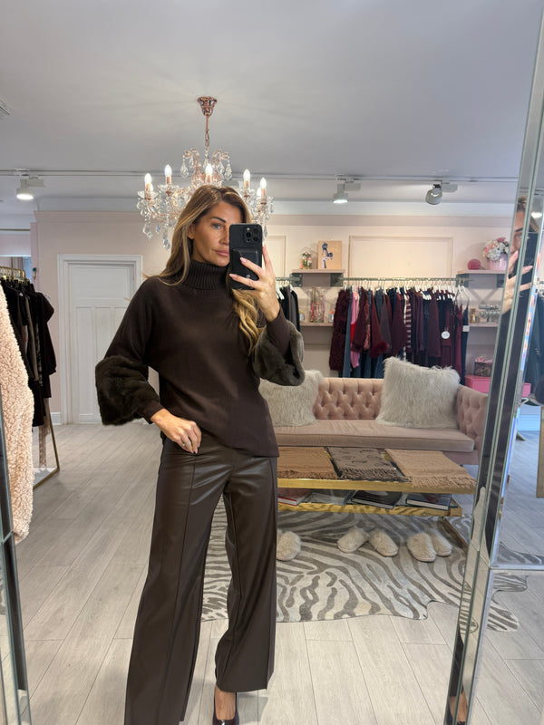 JESS FAUX FUR TRIM SLEEVE JUMPER BROWN