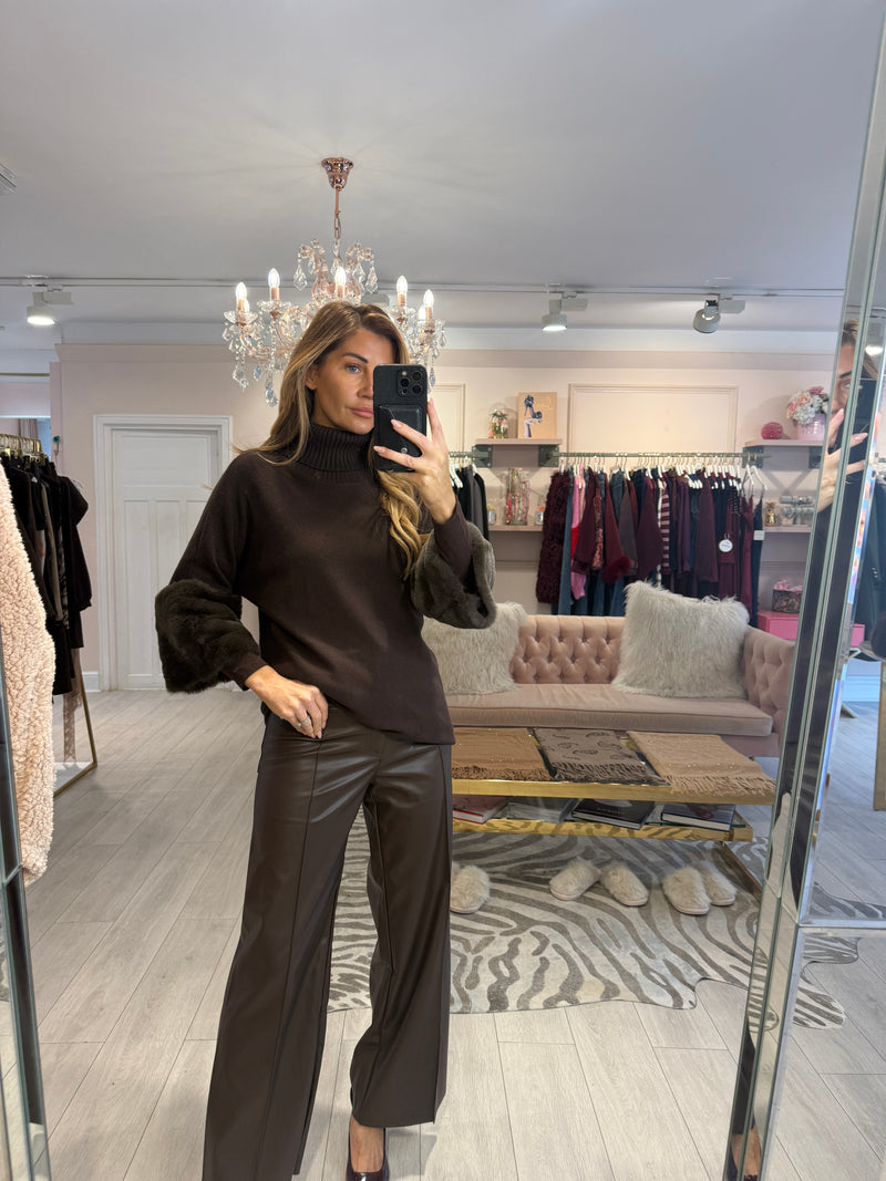 JESS FAUX FUR TRIM SLEEVE JUMPER BROWN