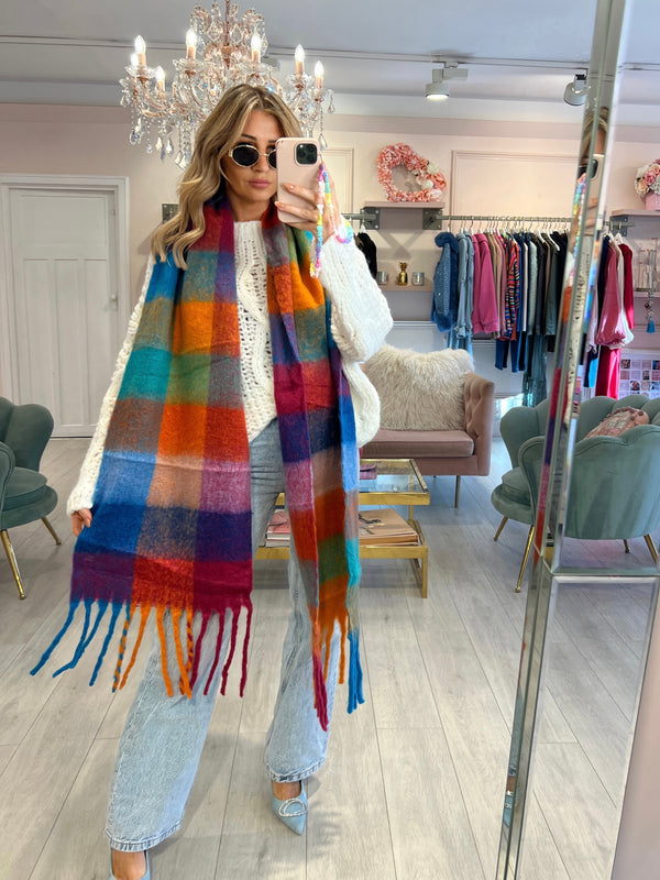 ORANGE CHECK FLUFFY SCARF