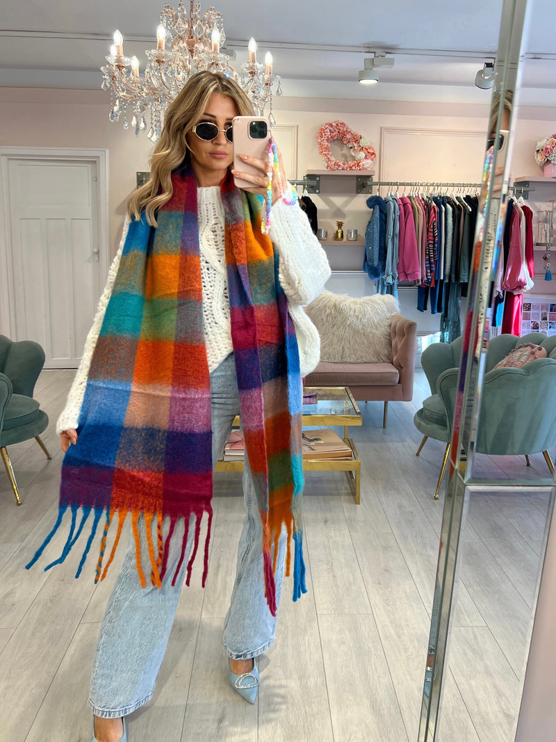 ORANGE CHECK FLUFFY SCARF