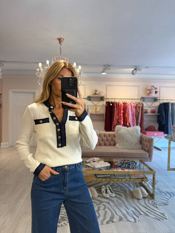 CALLIE DENIM TRIM TOP WHITE