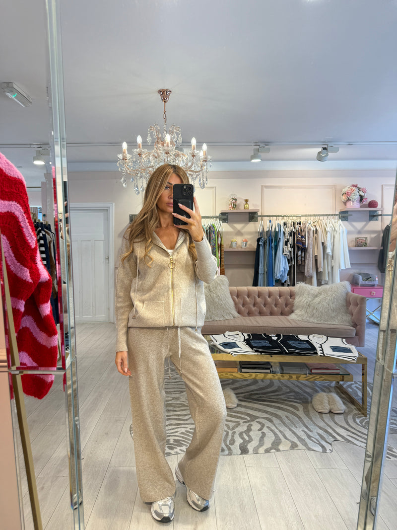 JAMIE ZIP THROUGH KNIT HOODY SET BEIGE