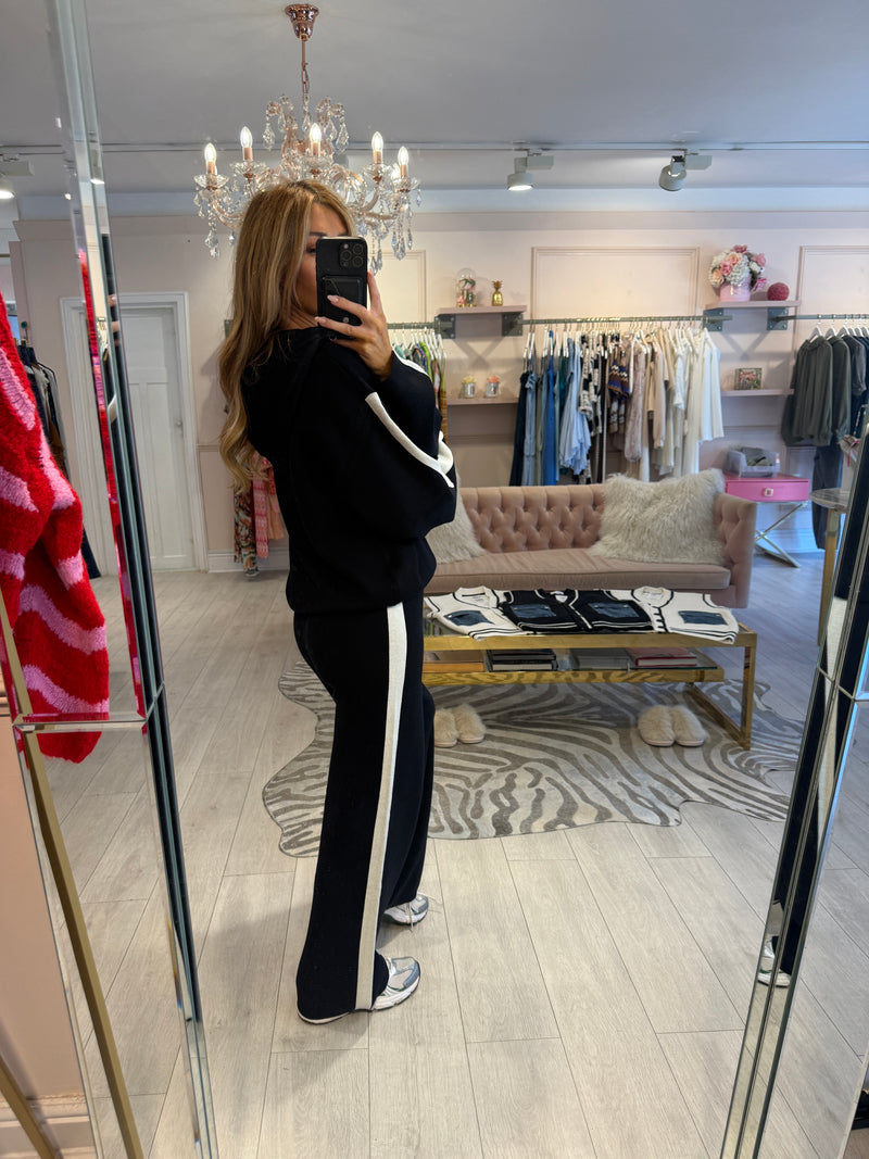 CYNTHIA CONTRAST TRIM HOODED LOUNGE SET BLACK