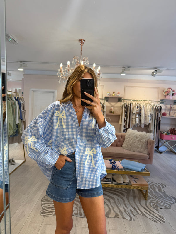 LEYANNE CHECK BOW BLOUSE BLUE