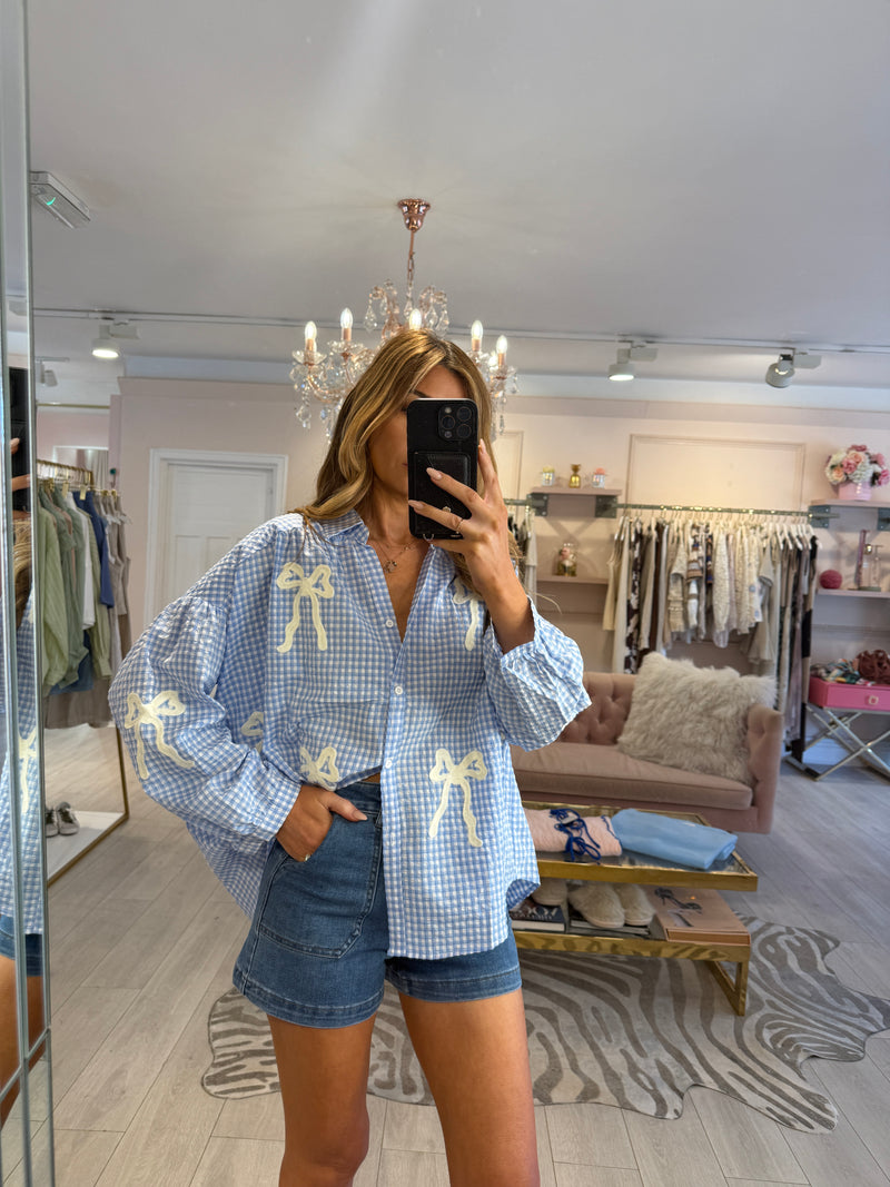 LEYANNE CHECK BOW BLOUSE BLUE