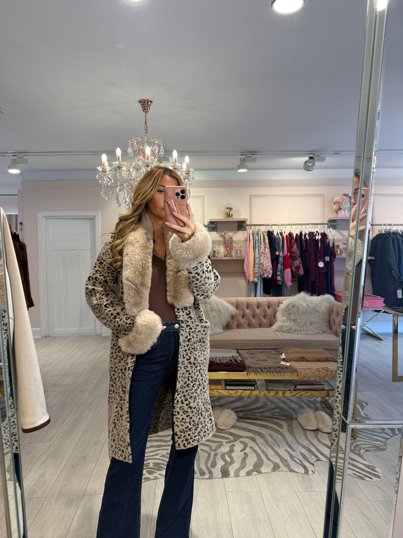 WHITNEY LEOPARD FAUX FUR TRIM CARDIGAN
