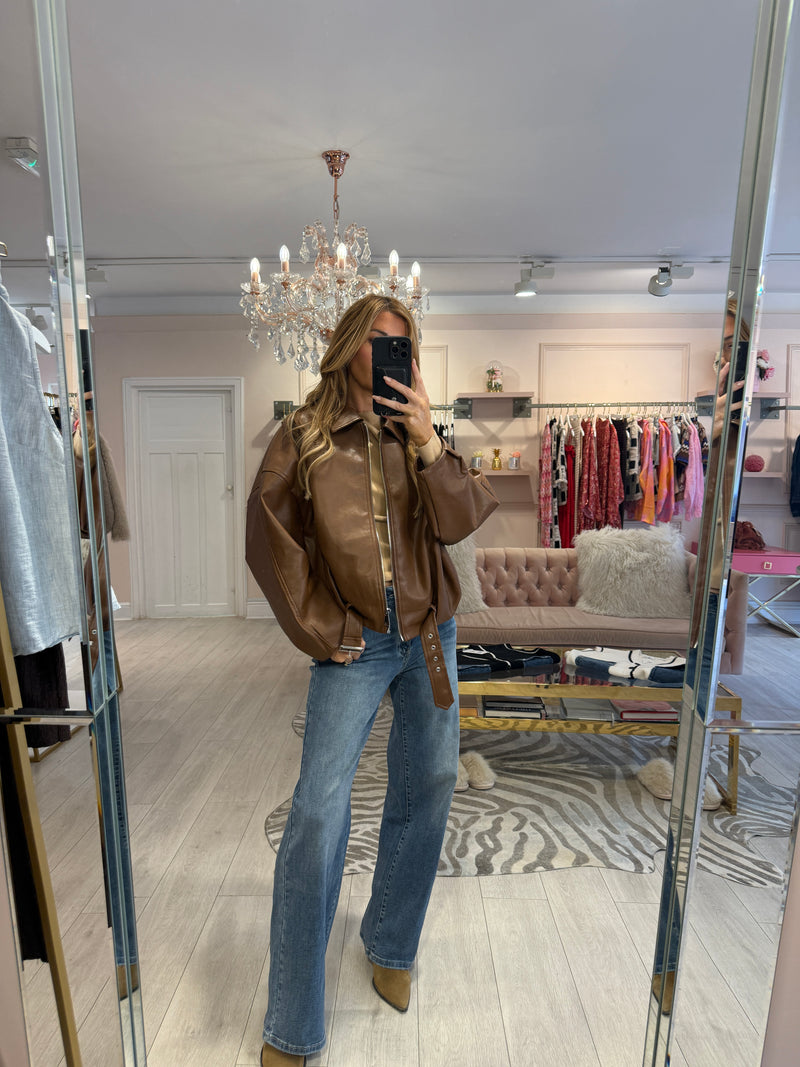 EMBER FAUX LEATHER BOMBER JACKET TAN