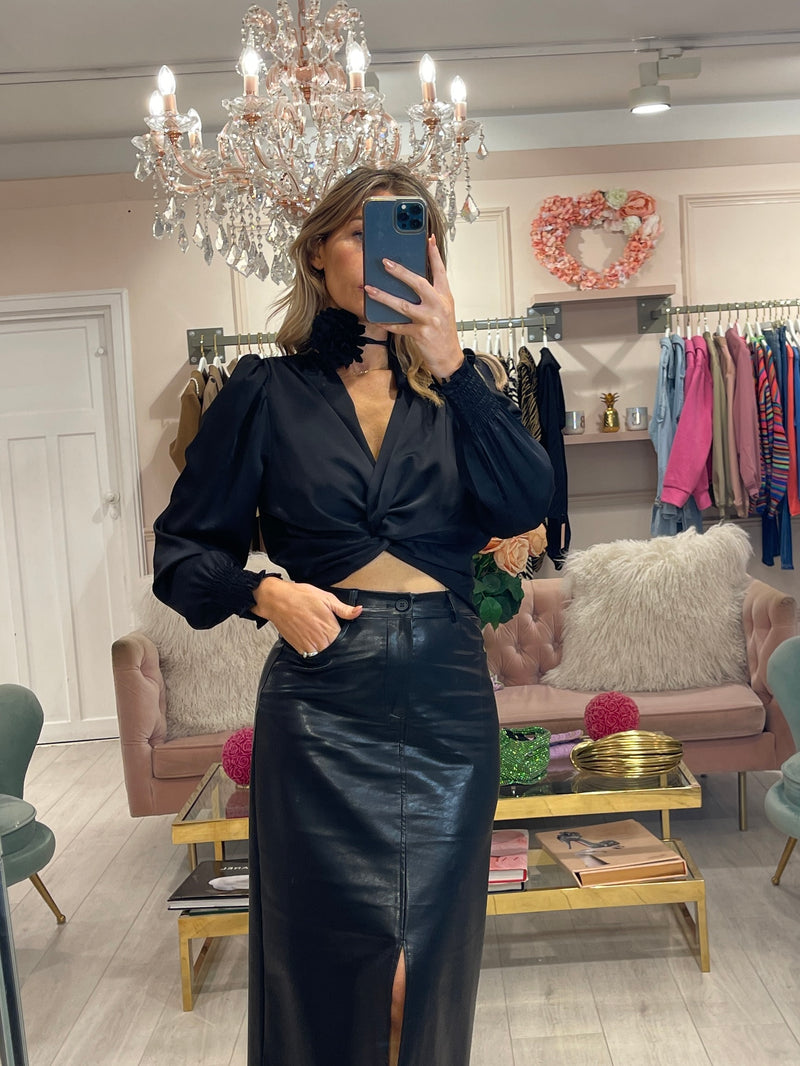 ANNABELLE LUXE CROSS SATIN TOP BLACK WITH CORSAGE NECKLACE