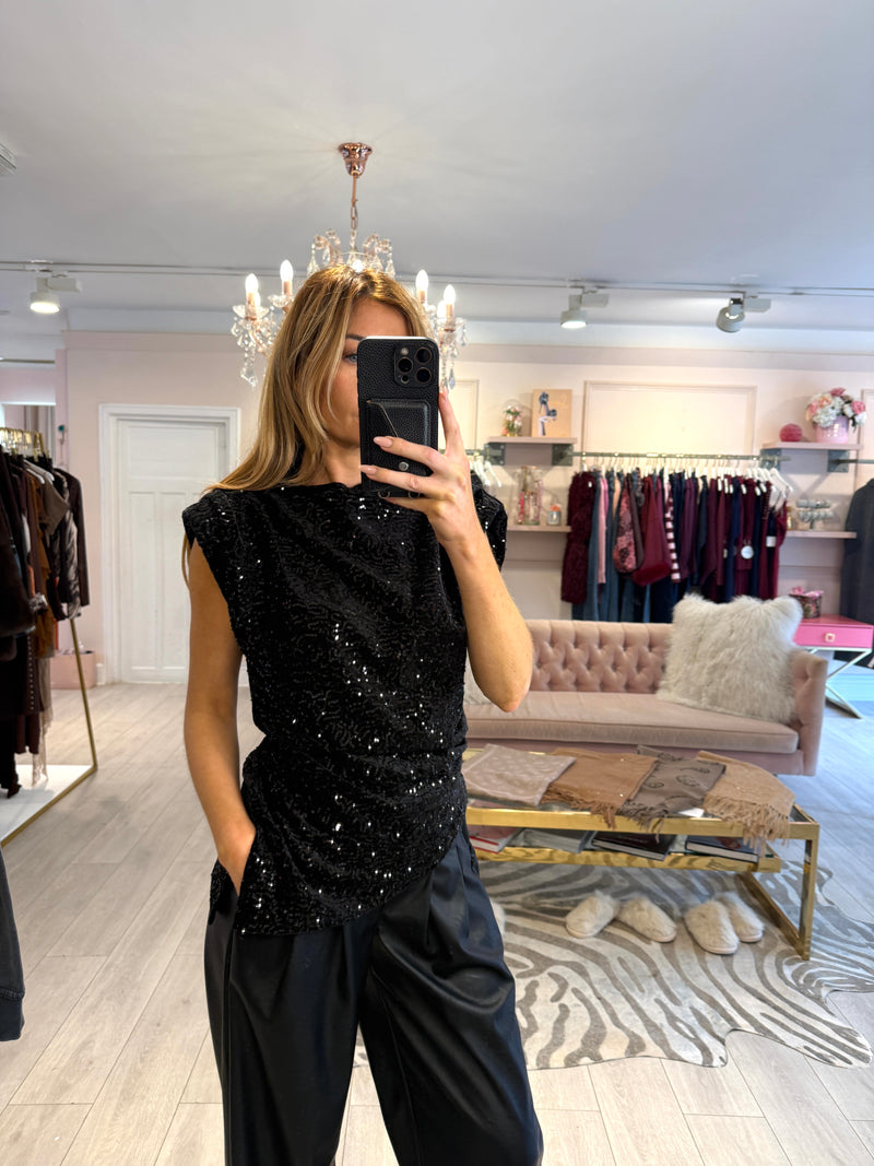 DEVIN VELVET & SEQUIN TOP BLACK