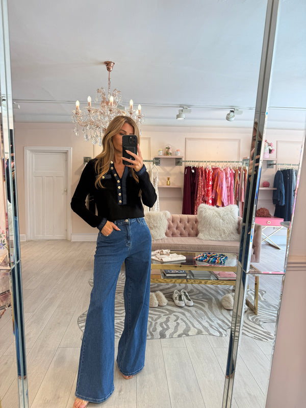 CALLIE DENIM TRIM TOP BLACK