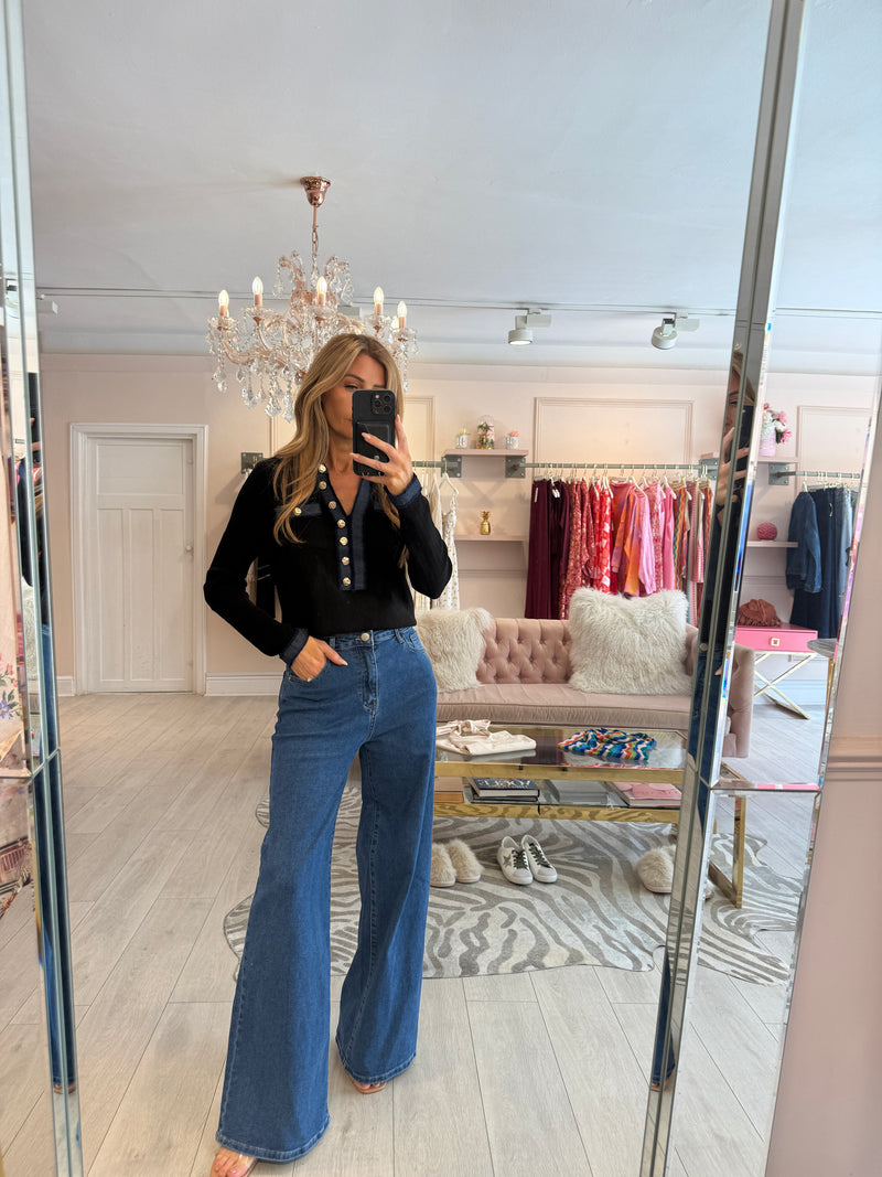 CALLIE DENIM TRIM TOP BLACK