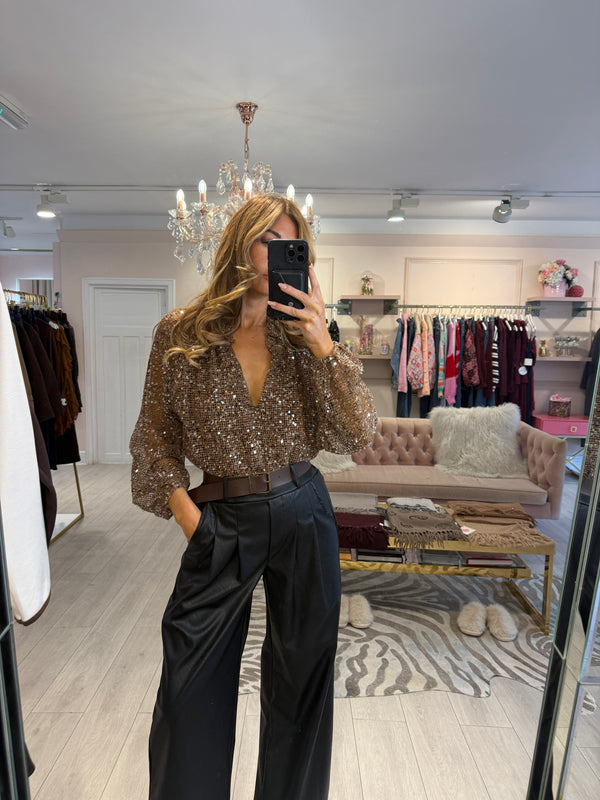 AMAYA GOLD SEQUIN CROCHET KNIT TOP