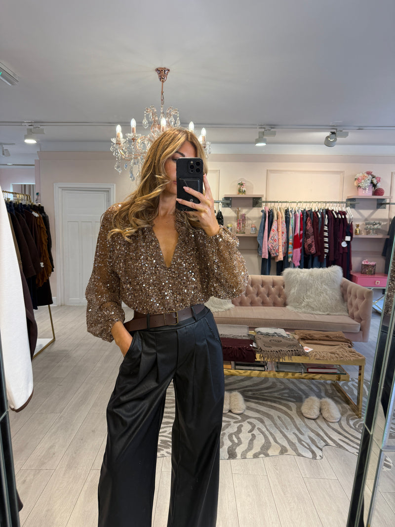 AMAYA GOLD SEQUIN CROCHET KNIT TOP