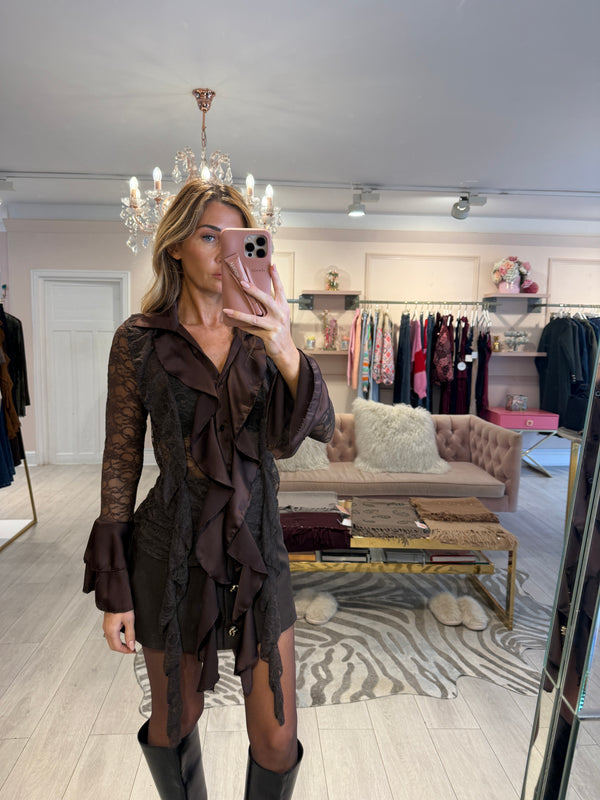 KHLOE LACE RUFFLE BLOUSE BROWN