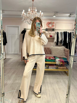 CAMILLE BEIGE WITH BLACK TRIM KNITTED TROUSER SET