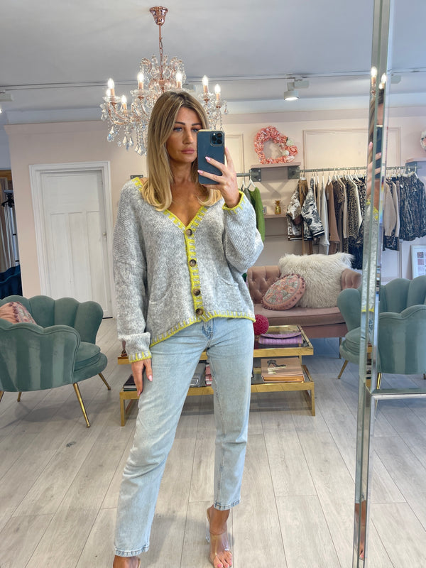 LEYA GREY CARDIGAN WITH LIME STITCH