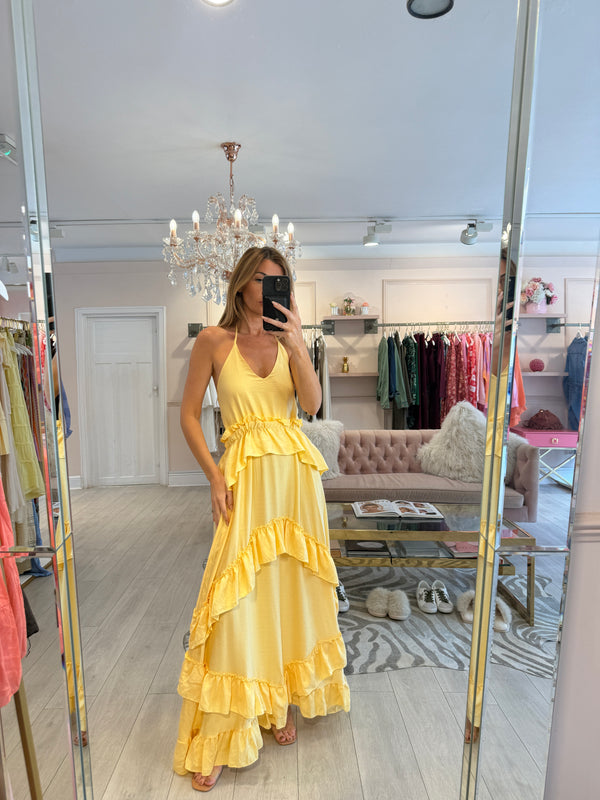 NORA RUFFLE HALTERNECK YELLOW MAXI DRESS