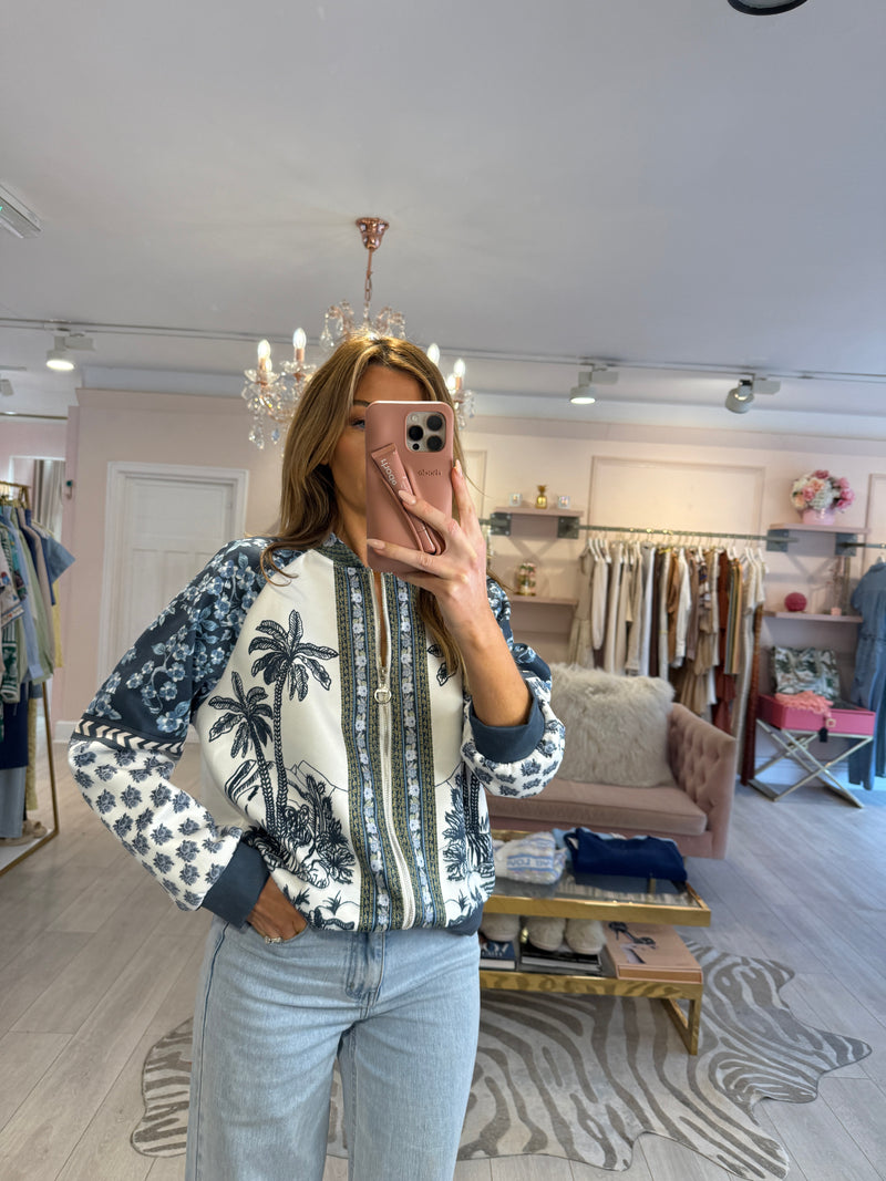 PALM TREE PRINT BOMBER BLUE JACKET