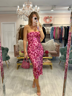SELENA PINK SEQUIN BANDEU MIDI DRESS