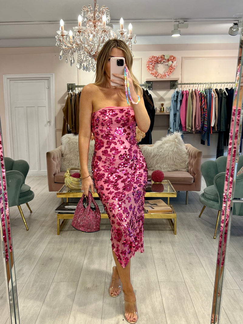 SELENA PINK SEQUIN BANDEU MIDI DRESS