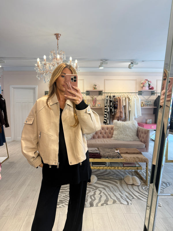 JUNO FAUX LEATHER BOMBER JACKET BEIGE