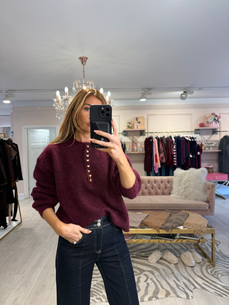 FRANKIE GOLD HEART BUTTON KNIT BURGUNDY