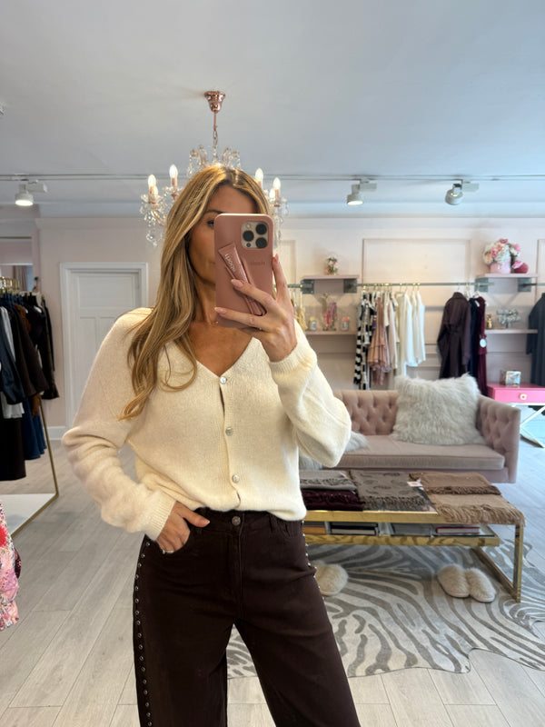 ELODIE V NECK BUTTON DOWN CARDIGAN CREAM