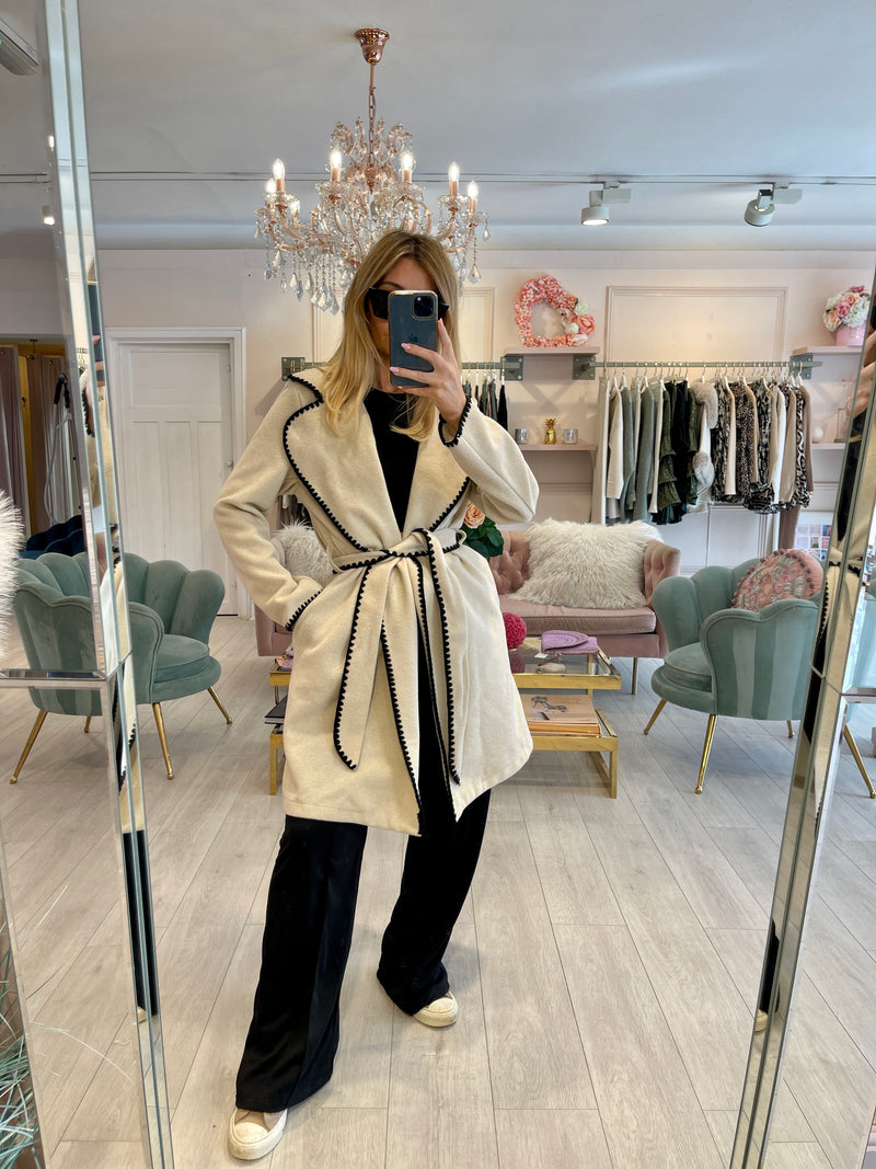 MABEL CONTRAST STITCH WRAP JACKET STONE