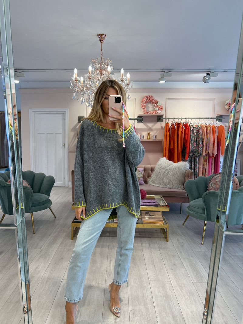 FRANKIE GREY LIME KNITTED STITCH JUMPER