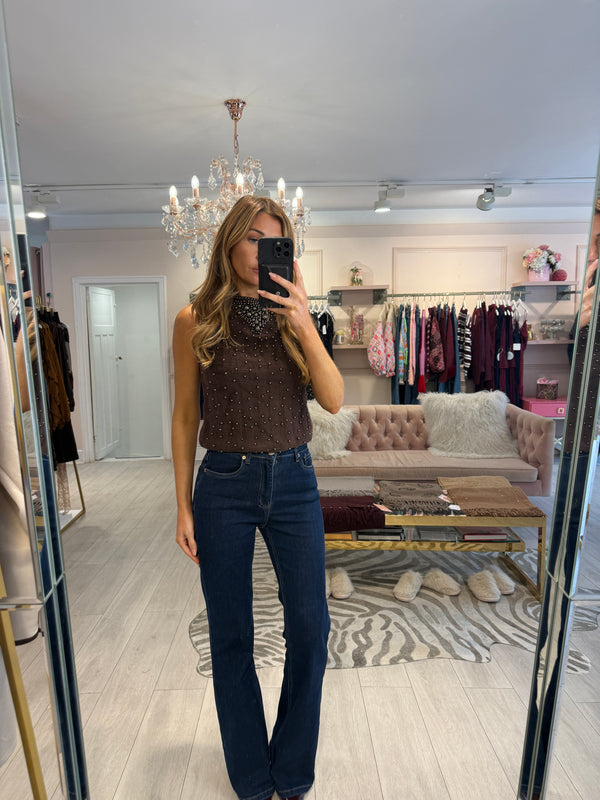DALIA PEARL KNIT TOP BROWN